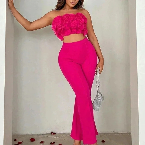Pink Casual Womens Pleated Ruffle Strapless Red Pink Bandeau Top And Flare Pants - Picture 1 of 5